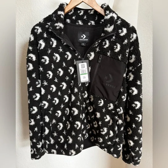 🖤🤍Converse Black and White Patterned Fleece Teddy Full Zip Jacket NWT Size Large - Picture 2 of 12